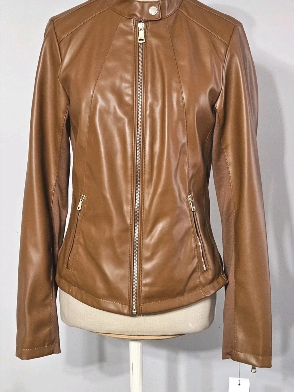 Calvin Klein Women's Brown Faux Leather Full Zip Front Moto Jacket